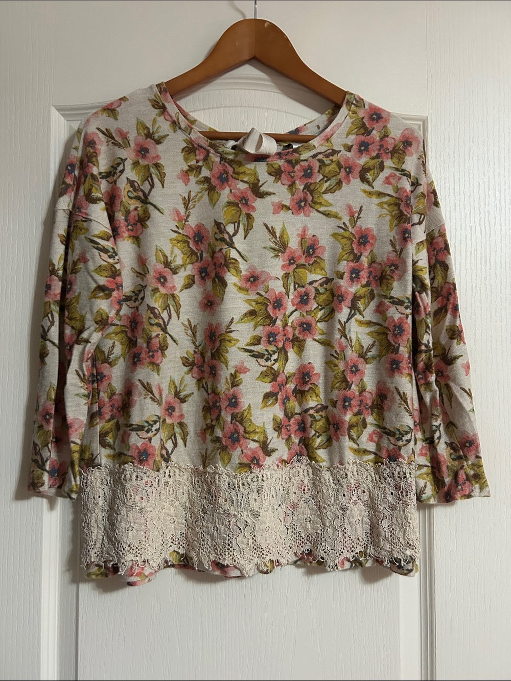 Lauren Conrad Disney Cream Sweater with Pink Floral Print and Lace Hem
